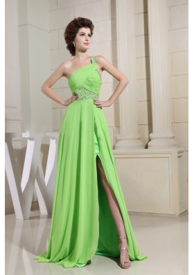 Spring Green High Slit Prom Dress One Shoulder