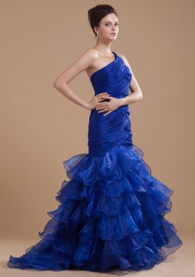 Mermaid One Shoulder Brush Ruffles Prom Dress Royal