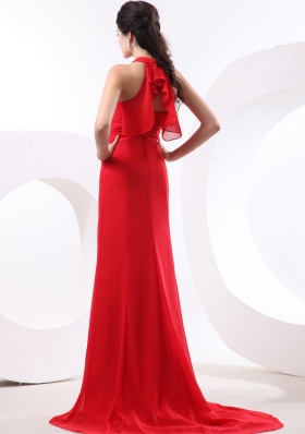 Halter Brush Train Red Column Prom Dress