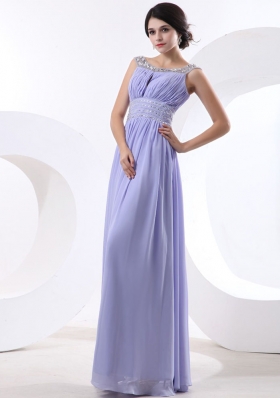 Bateau Beading Lilac Prom Dress Ruch Floor-length