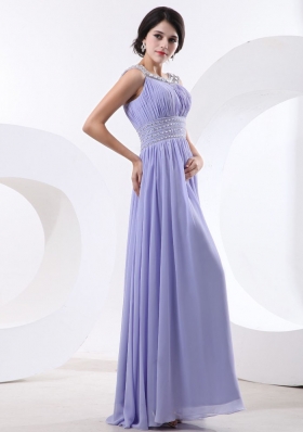 Bateau Beading Lilac Prom Dress Ruch Floor-length