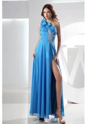 Beading Baby Blue Prom Dress One Shoulder Empire