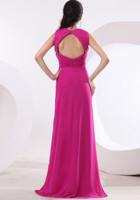 Fuchsia Ruch Brush V-neck Prom Dress High Slit