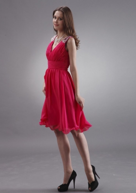 Beading Coral V-neck Bridesmaid Dresses A-line