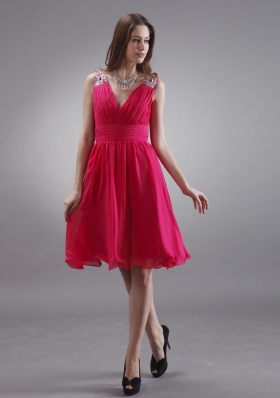 Beading Coral V-neck Bridesmaid Dresses A-line