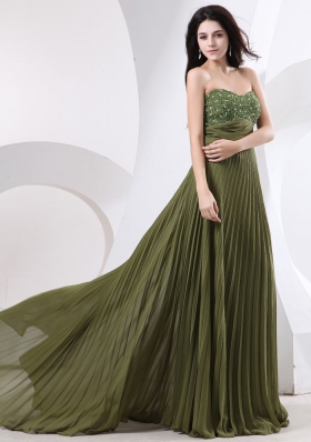 Beaded Prom Dress With Brush Olive Green Pleat