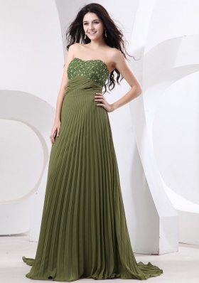 Beaded Prom Dress With Brush Olive Green Pleat