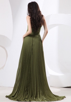 Beaded Prom Dress With Brush Olive Green Pleat