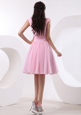 Bateau Ruch Baby Pink Prom Dress A-line