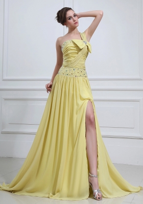 One Shoulder Beaded High Slit Yellow Prom Dress