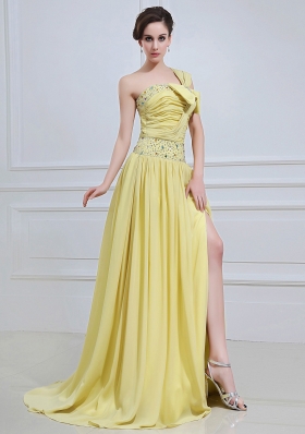 One Shoulder Beaded High Slit Yellow Prom Dress