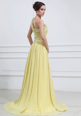 One Shoulder Beaded High Slit Yellow Prom Dress