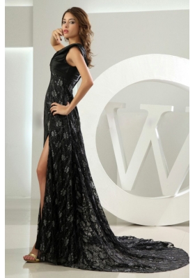 Lace Empire Prom Dress Black V-neck Brush