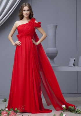 Empire Red Prom Dress One Shoulder Watteau