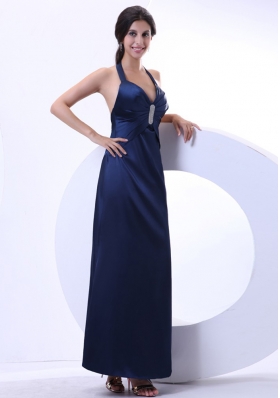 Halter Prom Dress Navy Blue Ankle-length Beading