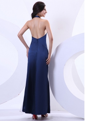 Halter Prom Dress Navy Blue Ankle-length Beading