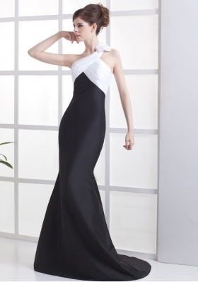 One Shoulder White and Black Prom Dress Flower