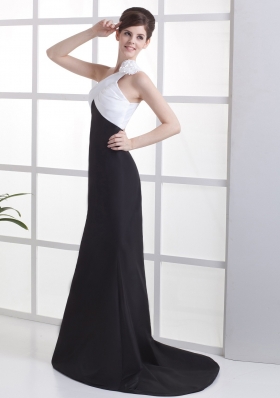 One Shoulder White and Black Prom Dress Flower