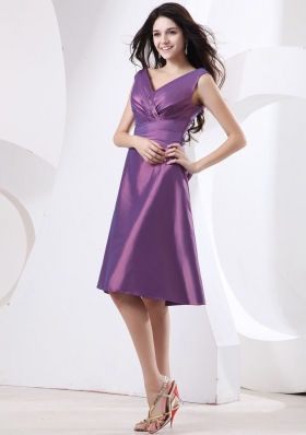 Bow Beading Purple Bridesmaid Dress V-neck A-line