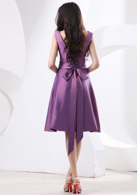 Bow Beading Purple Bridesmaid Dress V-neck A-line