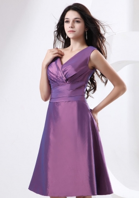 Bow Beading Purple Bridesmaid Dress V-neck A-line