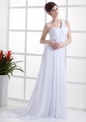 Hand Flowers Prom Dress White Slit Brush