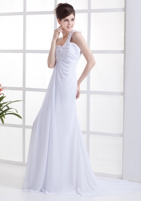 Hand Flowers Prom Dress White Slit Brush