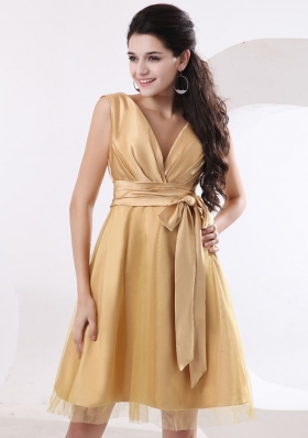 Sash Champagne Bridesmaid Dresses V-neck