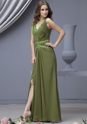 V-neck Prom Dress High Slit Olive Green Beading