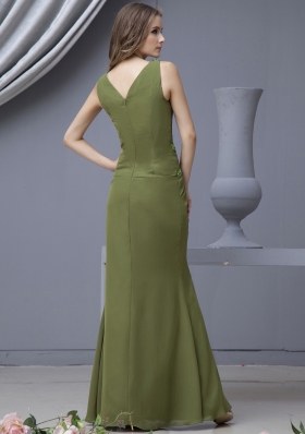 V-neck Prom Dress High Slit Olive Green Beading