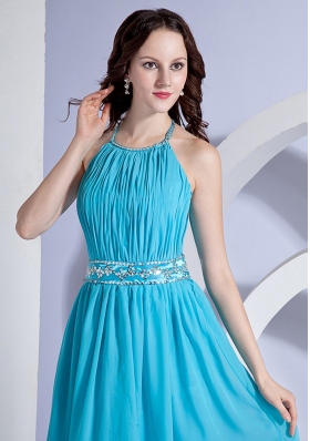 Ruch Beading Halter Prom Dress Aqua Blue Chiffon