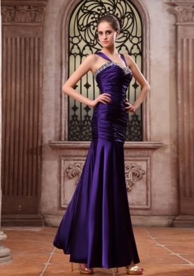 Straps Bead Ruch Purple Prom Dress Mermaid