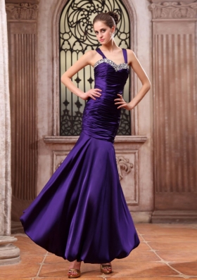 Straps Bead Ruch Purple Prom Dress Mermaid