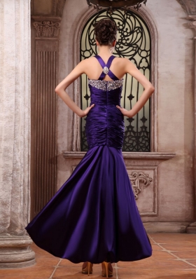 Straps Bead Ruch Purple Prom Dress Mermaid