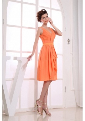 Orange Knee-length Ruching Bridesmaid Dress V-neck