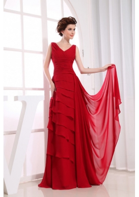 V-neck Ruffled Layers Prom Dress Column Wine Red