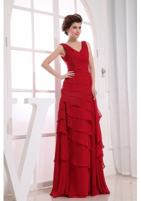 V-neck Ruffled Layers Prom Dress Column Wine Red