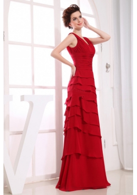 V-neck Ruffled Layers Prom Dress Column Wine Red