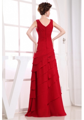 V-neck Ruffled Layers Prom Dress Column Wine Red