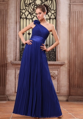 Hand Flower Pleat Prom Dress One Shoulder Blue