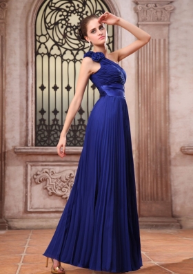 Hand Flower Pleat Prom Dress One Shoulder Blue