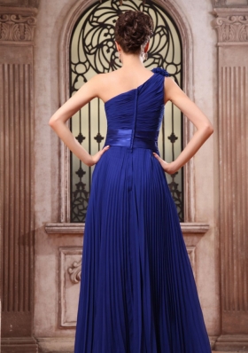 Hand Flower Pleat Prom Dress One Shoulder Blue