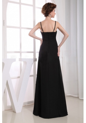 Spaghetti Straps Black Bridemaid Dress Ruching Chiffon