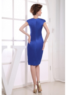 Asymmetrical Royal Blue Prom Dress V-neck Knee-length Satin