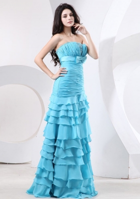 Ruffled Layers Aqua Blue Prom Gown Ruch Beading Bowknot