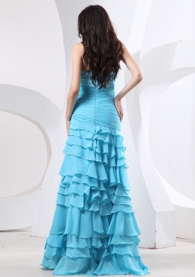 Ruffled Layers Aqua Blue Prom Gown Ruch Beading Bowknot