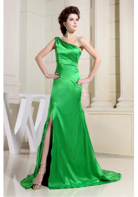 Spring Green One Shoulder High Slit Prom Evening Gown