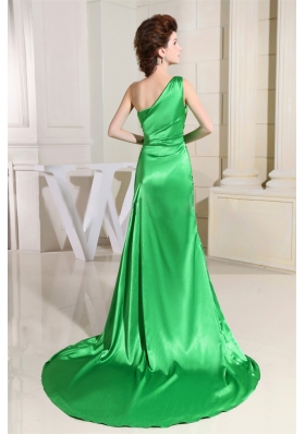 Spring Green One Shoulder High Slit Prom Evening Gown