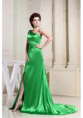 Spring Green One Shoulder High Slit Prom Evening Gown