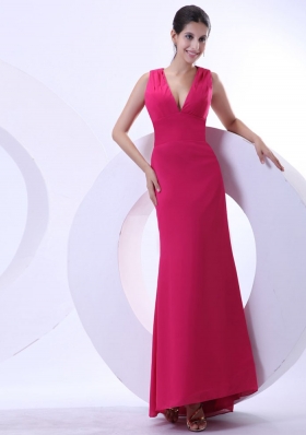 Sexy Hot Pink Prom Evening Dress V-neck Ankle-length